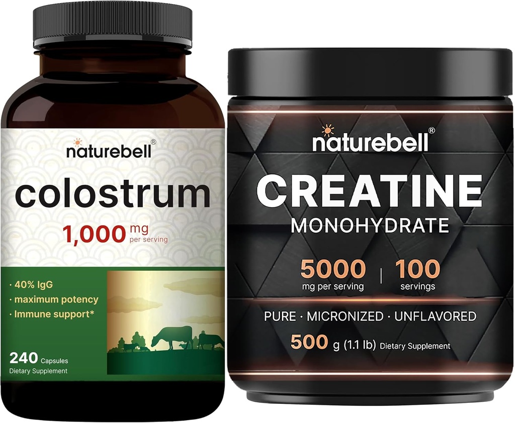 NatureBell Creatine Monohydrateの粉及びColostrum 240はサービング・バンドルのパックごとの1,000mgをカプセルに入れます  高吸収性のMicronizedのクレアチン 草の飼料のボバインからの母の最初のミルク