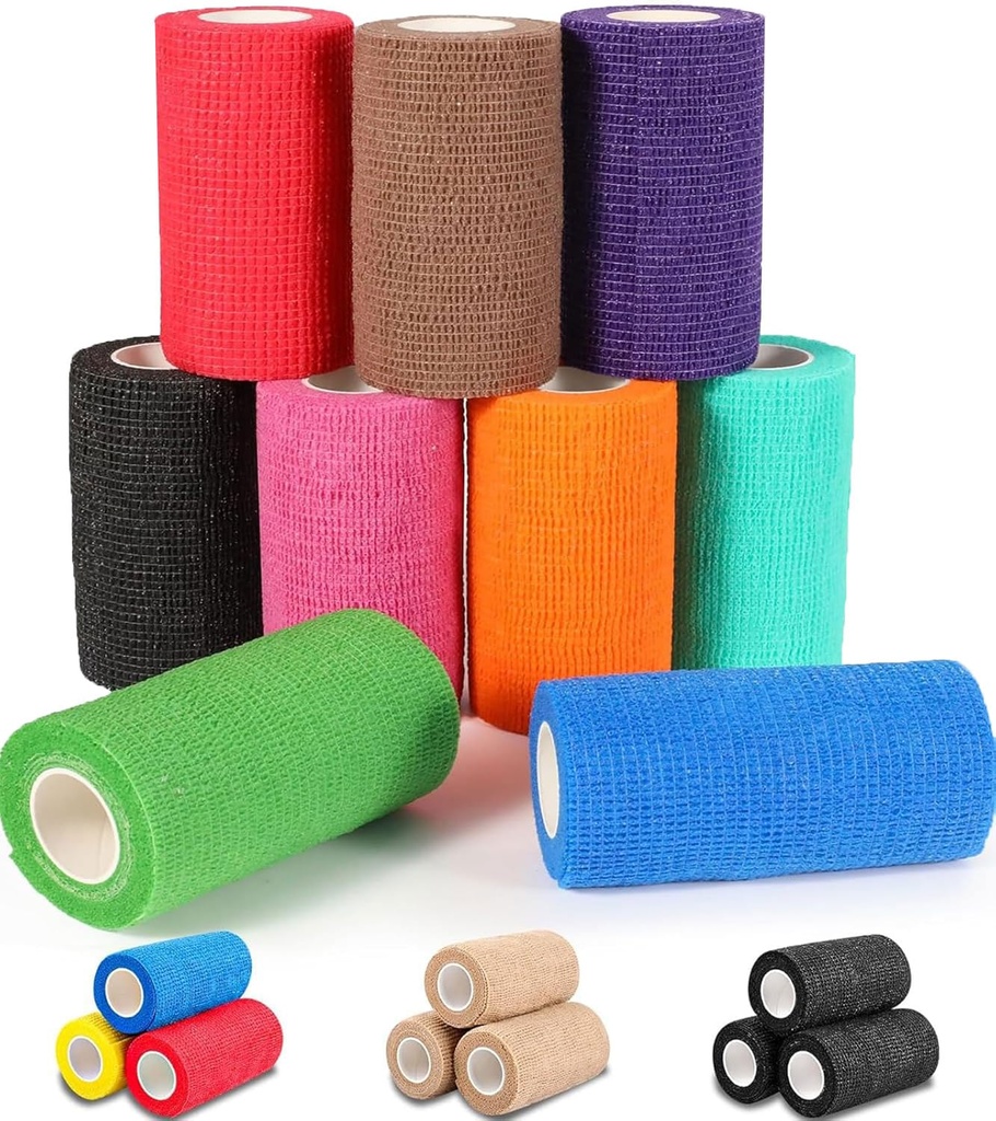 AZEN 9 Pack Self Adhesive Bandage Wrap, 4" X 5 Yards Elastic Cohesive Bandage Wrap, Color Athletic Tape, Tattoo Grip Tape Wrap, Vet Wrap, Ankle Tape
