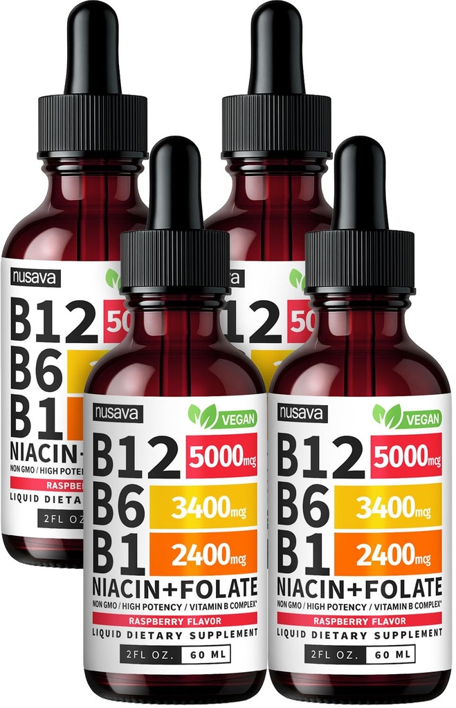 (4パック)ビタミンB12とB6液体ドロップ、B12サブリンガルビタミンBコンプレックス - B12ビタミン5000mcg - エネルギー、脳、および27,200 mcg、ラズベリー、80のサービングによるハートサポートのためのB12メチルコバルミン