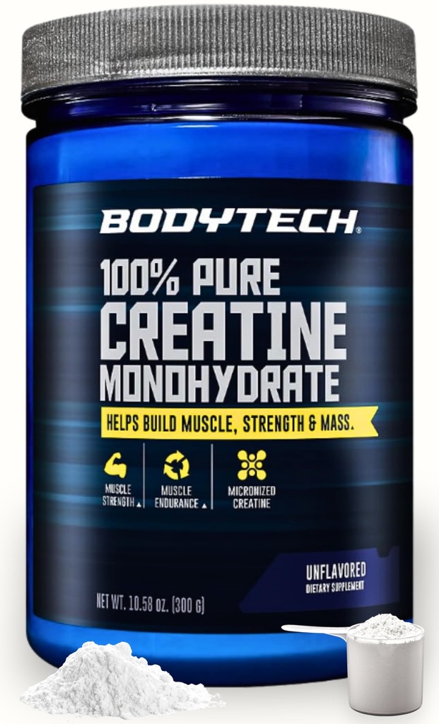 BodyTechのクレアチンの一水化物の粉、人のおよび女性のためのUnflavored Micronizedのクレアチンの方式、サービングごとの5g、前ワークアウト及びポストのワークアウトの補足、グルテンフリー、砂糖は10.58 Oz、60のサービングを放します