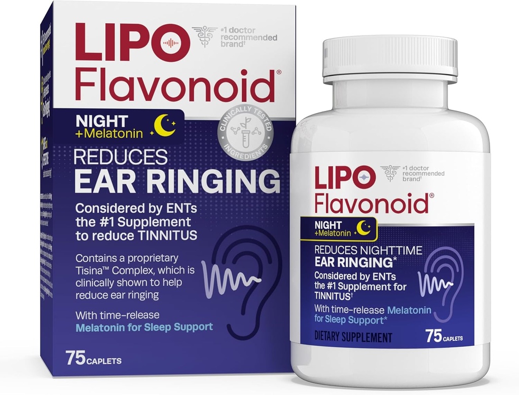 Lipo-Flavonoid Nighttime PM for Tinnitus救済 - Melatonin、Bioflavonoid、およびビタミンCと睡眠補助金 - 耳、耳の健康、およびリラックスのリング - Lipo-Flavonoid Plus - 75 Caplets