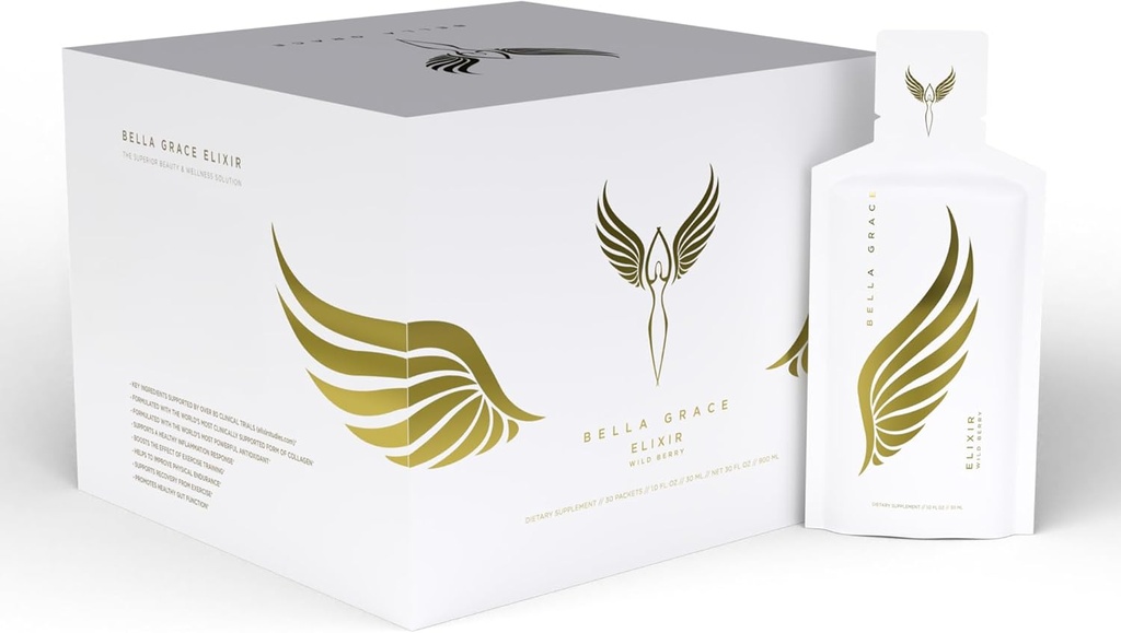 Bella Grace Elixir Collagen Peptidesは、Verisol Collagen、AstaReal Astaxanthin、Cat’s Claw、Collaagen Regenerate、Antioxidant Protection、30のサービングでスキンケア&健康のためのサプリメントです。
