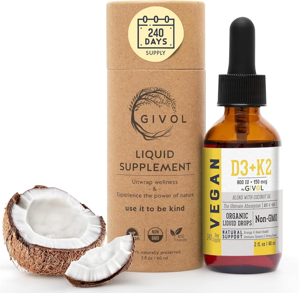 ビタミンD3 + K2の液体の低下(MK4及びMK7)の有機性分裂させたココナッツ油、植物基づいた、グルテンフリー、酪農場なし、大豆なし、ナットなしの-高い効力、Lichen及びNutto、供給する2oz 240日