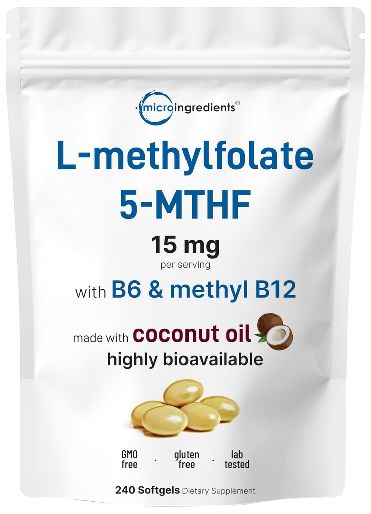 マイクロ成分L Methylfolate 15mg、240 Softgels | B6およびメチルB12の活動的な5-MTHF | ココナッツオイルとのメチル化されたビタミンB9