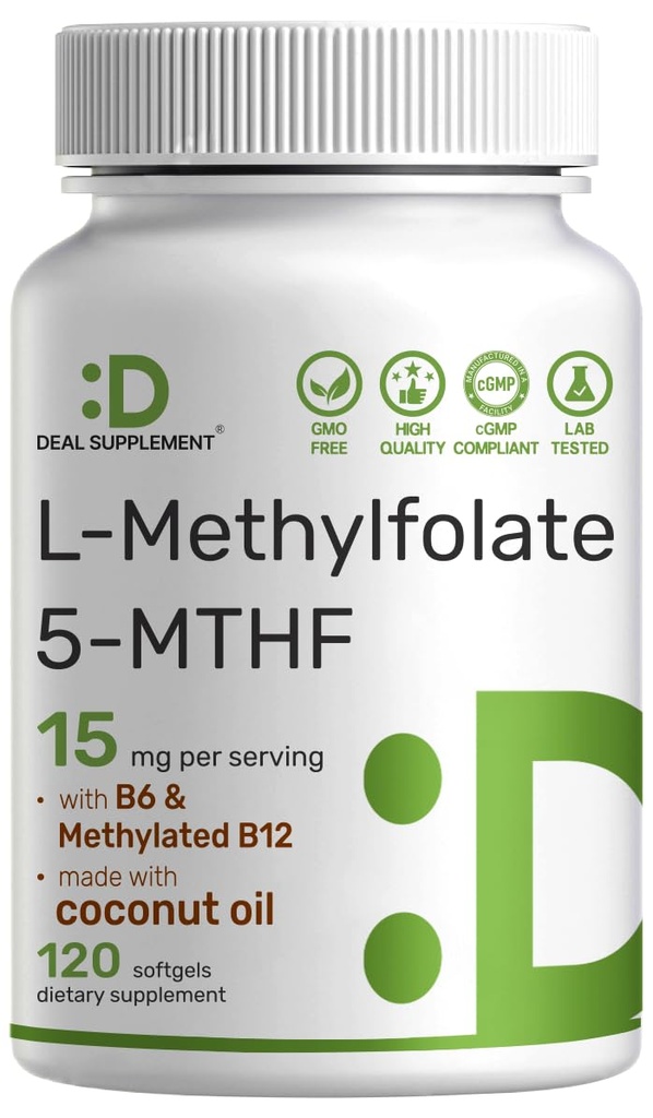 DEAL SUPPLEMENT L-Methylfolate 15 mg / サービング、120 ココナッツ オイル ソフトゲル | 活性5-MTHF メチル ビタミンB9、B6及びメチル化B12の3-in-1 | 活動的な Folate の補足 | GMO のグルテンフリー