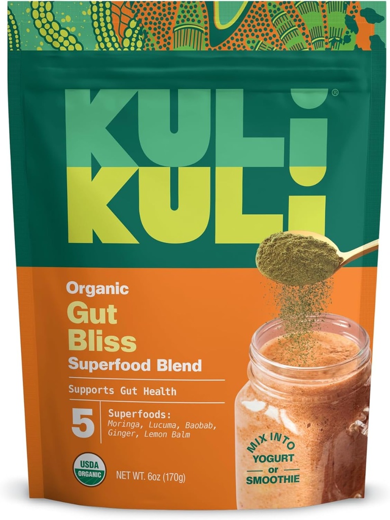 Kuli Kuli Kuli Gut Bliss Superfood Powder [6 oz] - 有機モリンガ、バオバブ、ルクマ、ジンジャー、レモンバームの強力なブレンド - 消化を促進し、胃とブーストの腸の健康を促進