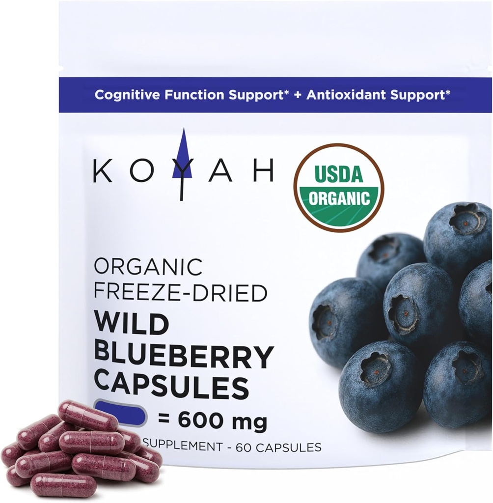 KOYAHオーガニックワイルドブルーベリーカプセル - 凍結乾燥全果物 - 600mg(3,960mgフレッシュ) - 低バス品種(Vaccinium angustifolium) - 認知機能と抗酸化サポート - 60カプセル