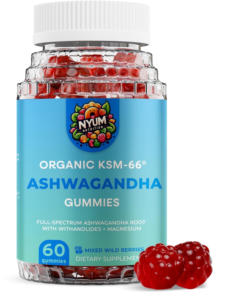 Generic Nyum Nutrition Organic KSM-66 Ashwagandha Gummies, 60 Count, Mixed Wild Berries, Red/Blue