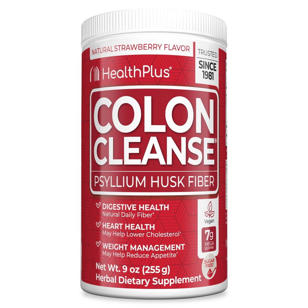 Health Plus Colon Cleanse Digestive Support | No Artificial Flavors | Daily Fiber for Toxin Elimination To Reduce Bloating | Psyllium Husk | Strawberry Flavor | 9 Ounces, 36 Servings