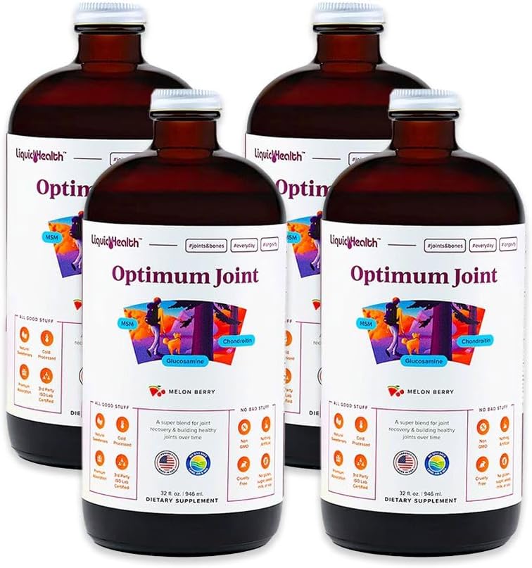 LIQUIDHEALTH Optimum Joint Support Liquid Multivitamin with Glucosamine, Chondroitin, MSM, Hyaluronic Acid - Increase Mobility, Joint Comfort, for Runners & Athletes - Made in USA, Vegan (4 Pack)