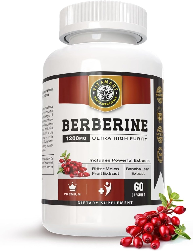 Berberine HCL 1200mg Premium, Ultra High Purity, Pure 60 Capsules - Berberine Supplement, Supports Immune System, Berberine Plus Enhanced with Bitter Melon Fruit & Banaba Leaf Extract