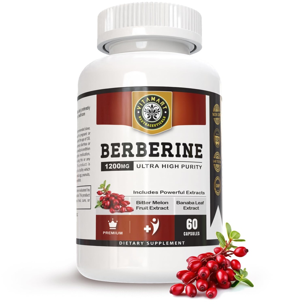 Berberine HCL 1200mg Premium、超高純度、純粋な60カプセル - Berberineサプリメント、サポート免疫システム、Berberine Plusは、ビターメロンフルーツ&バナナリーフエキスで強化
