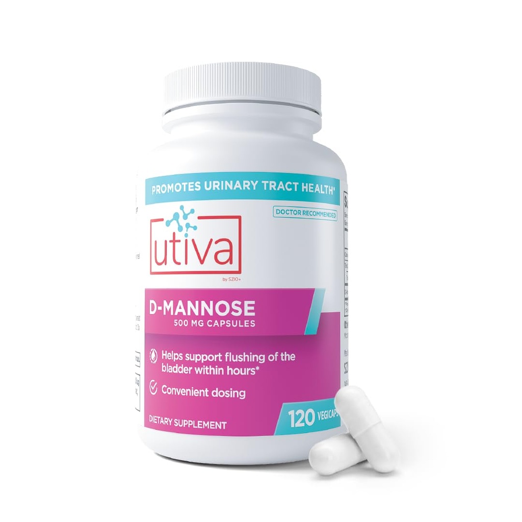 Szio + Utiva D-Mannose 500mgカプセル - 自然に膀胱と尿路を洗い流します - UTI回避 - 女性のためのDマンノーズサプリメント - 尿路感染症の治療をサポート、120カプセル