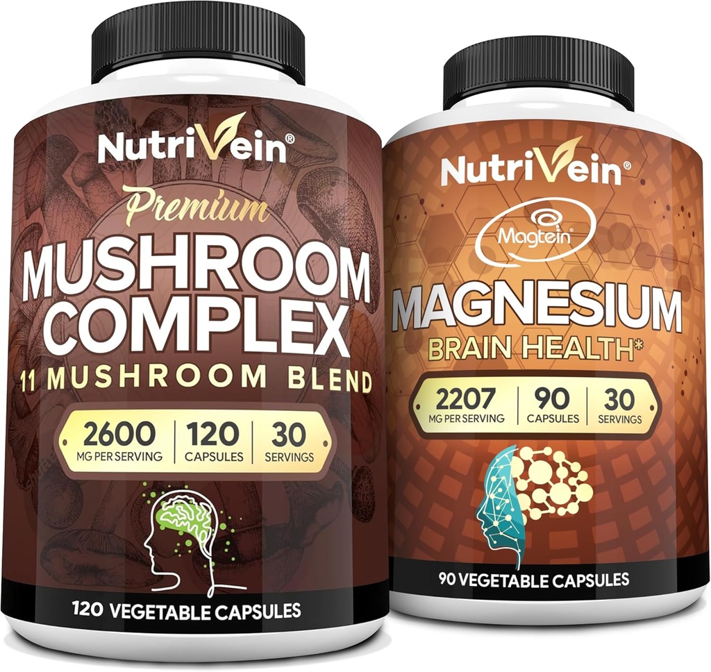 Nutrivein Premium 120 Cap Mushroom Complex 2600mg & 90 Cap Magnesium 2207mg Bundle - 11 Mushrooms - Lions Mane, Chaga, Reishi, Cordyceps, & More - Immune & Brain Function Plus Memory & Focus