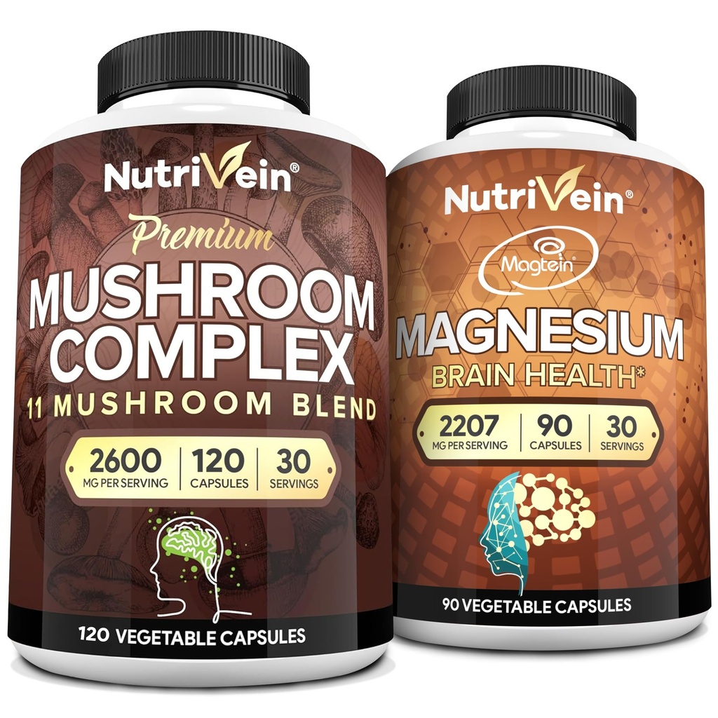 Nutriveinプレミアム120キャップマッシュルーム2600mg&90キャップマグネシウム2207mgバンドル - 11マッシュルーム - ライオンズマネ、チャガ、レイシ、コルディセプ、&その他 - 免疫&脳機能プラスメモリ&フォーカス