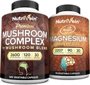 Nutriveinプレミアム120キャップマッシュルーム2600mg&90キャップマグネシウム2207mgバンドル - 11マッシュルーム - ライオンズマネ、チャガ、レイシ、コルディセプ、&その他 - 免疫&脳機能プラスメモリ&フォーカス
