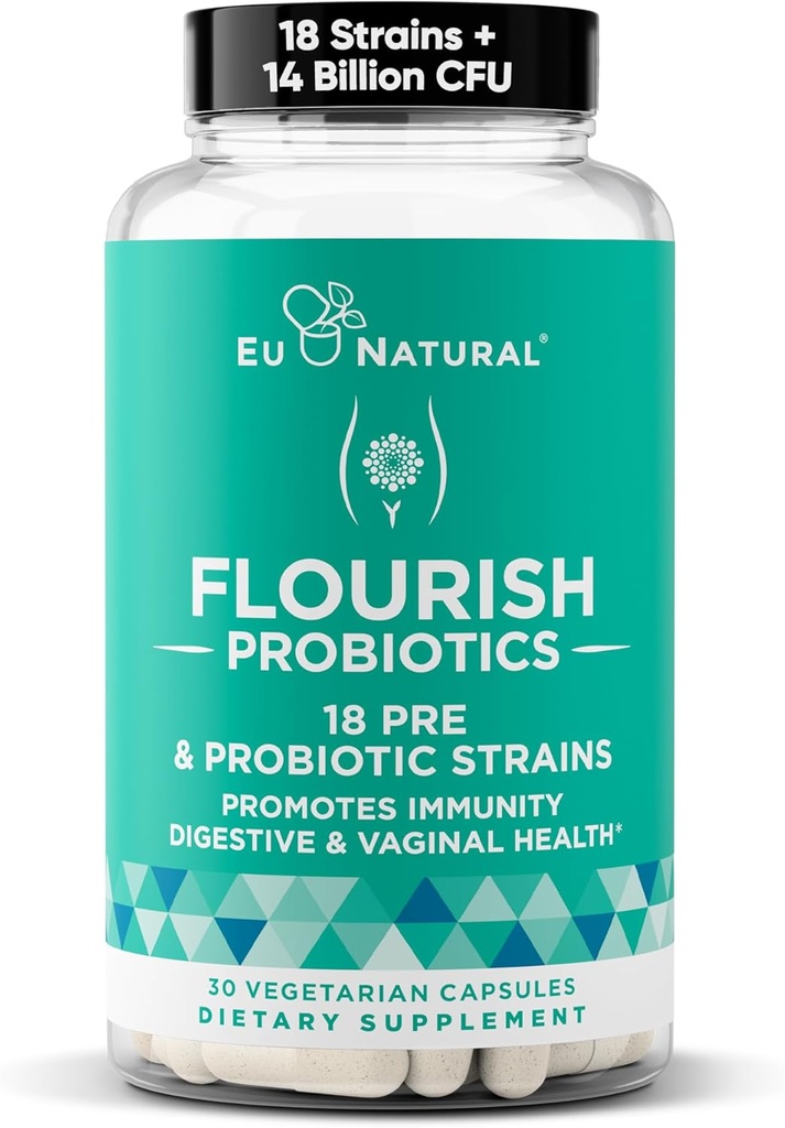 Flourish Probiotics + 女性のためのプレバイオティクス – ガットと消化, 尿路面電車, 膨満を減らします, 腟の健康 – 18 臨床的に実証済みの緊張, 14 Billion CFU – 30 棚安定したミニビーガンカプセル