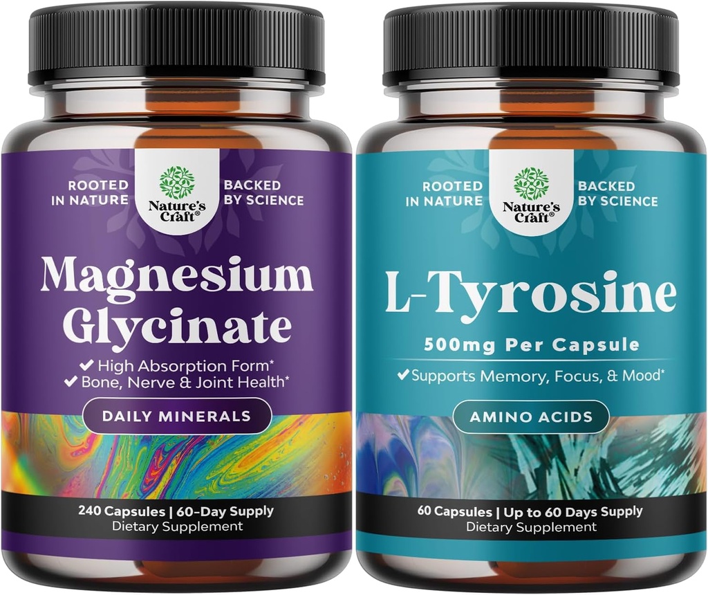 Bundle of High Absorption Magnesium Glycinate Capsules for Calming Sleep Plus Muscle Bone & Nerve Support and Free Form L Tyrosine 500mg Capsules for Mental Energy and Focus Support