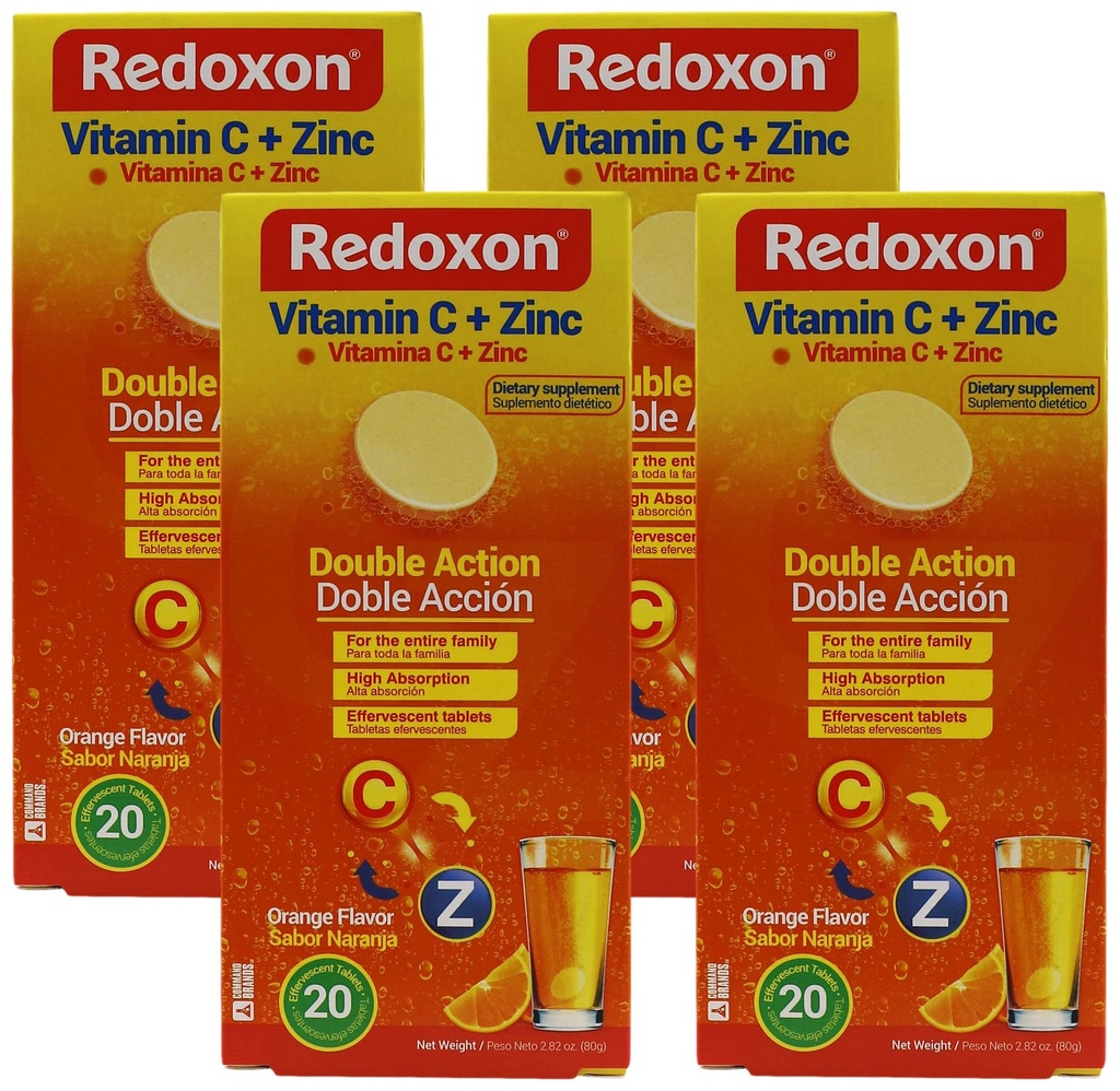 RedoxonのビタミンC +亜鉛、ビタミンCと亜鉛の発泡錠は、あなたの免疫システム、オレンジ色の味、20 Effervescent錠、2.82 Ozボックス(4)のパックをサポートするのに役立ちます