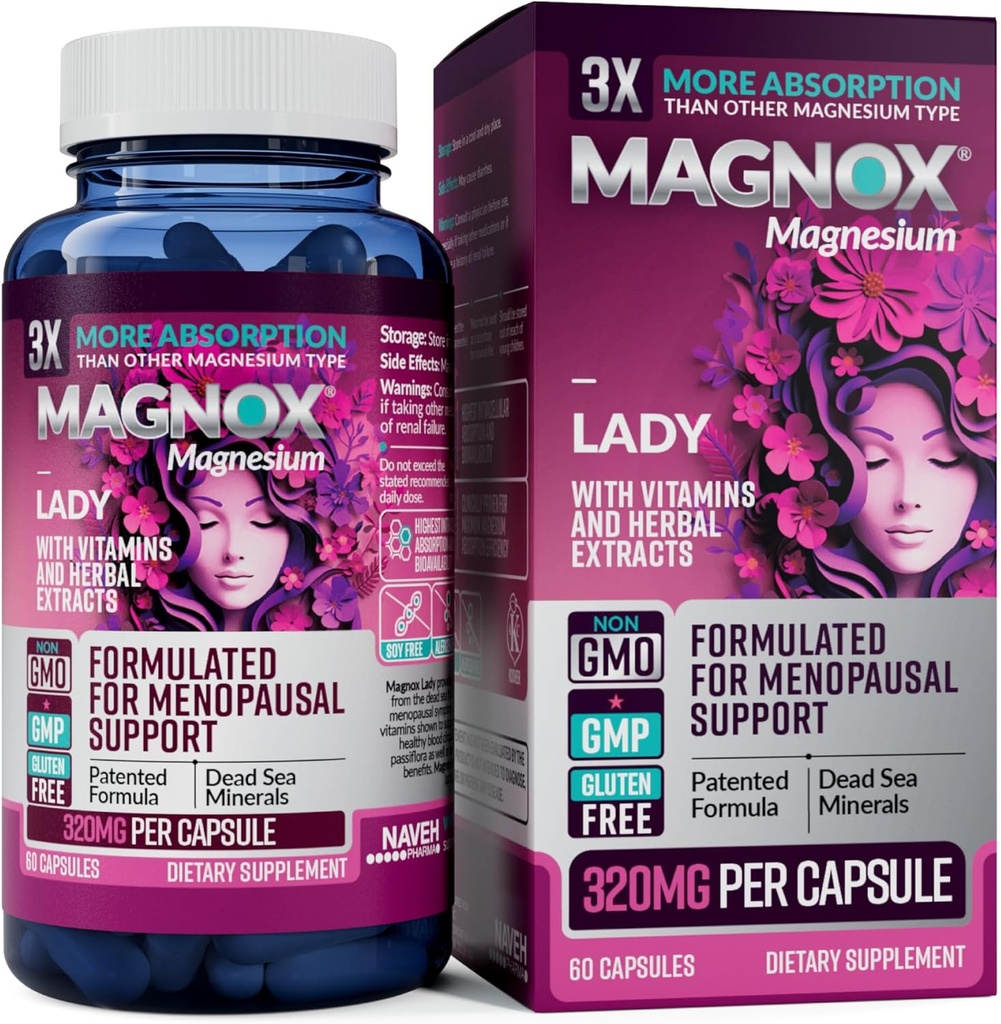 MAGNOX Lady Magnesium Supplement | Menopause and PMS Support Supplement for Women | Magnesium Complex with Vitamins B6, B1, B12, D, Zinc | High-Absorption Dead Sea Organic Magnesium | 60 Capsules