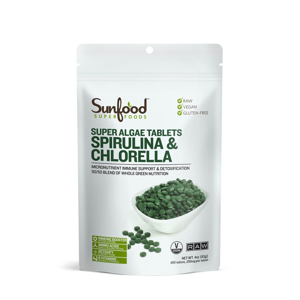 Sunfood Superfoods Chlorella Spirulina 錠 - Spirulina と Chlorella グリーン Algae 錠 のための 女性 & 男性, Chlorophyll のソース, B ビタミン, タンパク質, 壊れた細胞壁, 完全菜食主義者の - 4 oz バッグ