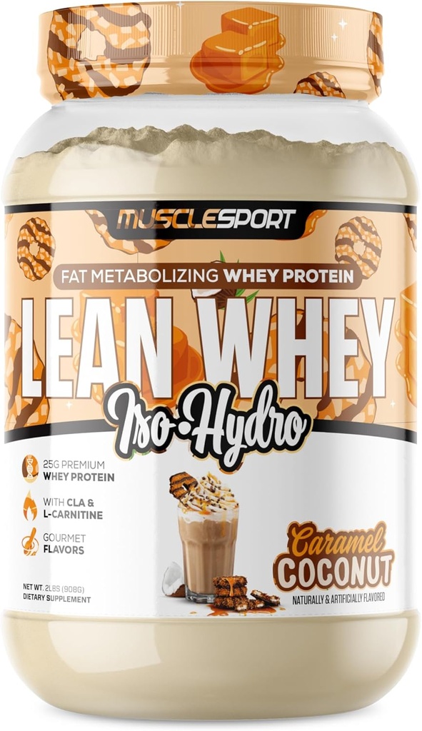 Musclesport Lean Whey RevolutionTMプロテインパウダー - Wheyプロテインアイソレート - 低カロリー、低炭水化物、低脂肪、信じられないほどの味 - スコープあたり25gプロテイン(2LB、ココナッツキャラメル)
