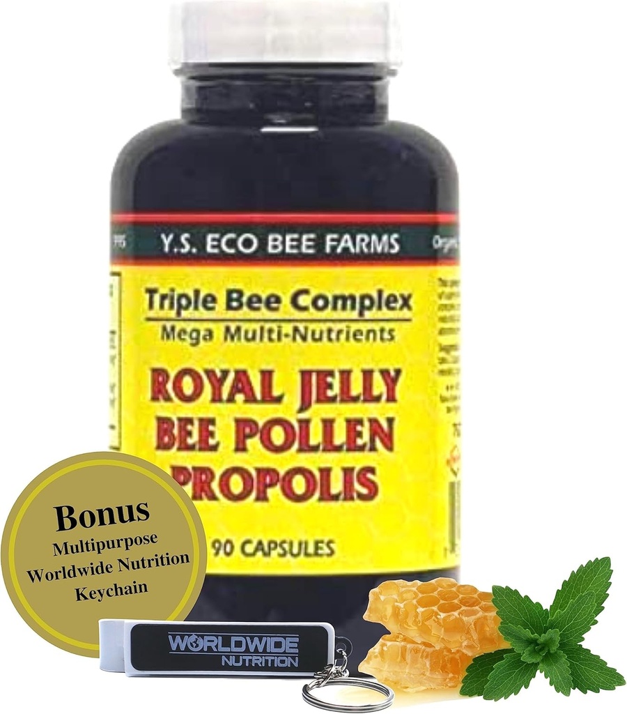 YS Organics Triple Bee Complex、Royal Jelly、Bee Pollen、Propolis - 90カプセルにパックされた自然の力 世界的な栄養多目的キーチェーン