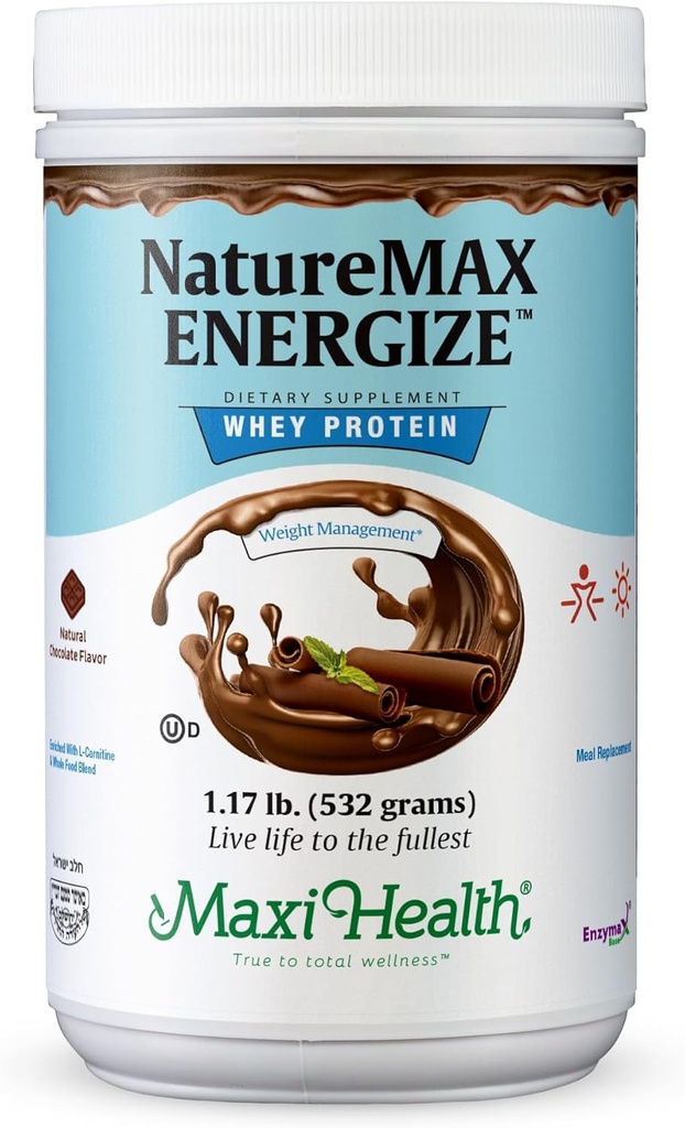NatureMax EnergizeTM Whey Protein Powder- Energy Support Meal Replacement - 20g Protein Per Serving - Natural Chocolate Flavor - Kosher Dairy Vitamin - 1.17lb