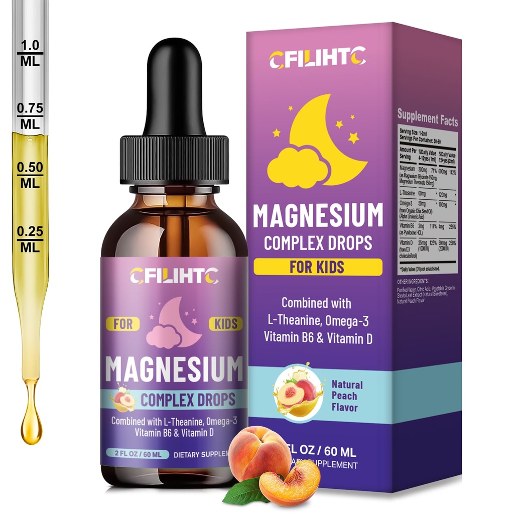 Kids Magnesium Liquid Drops-Magnesium Glycinate Liquid for Kids Supplement-w/L-theanine, Omega-3, Vitamin B6, D3 - for Sleep, Relaxation, Brain, Bones - Peach Flavor, 2 Fl Oz