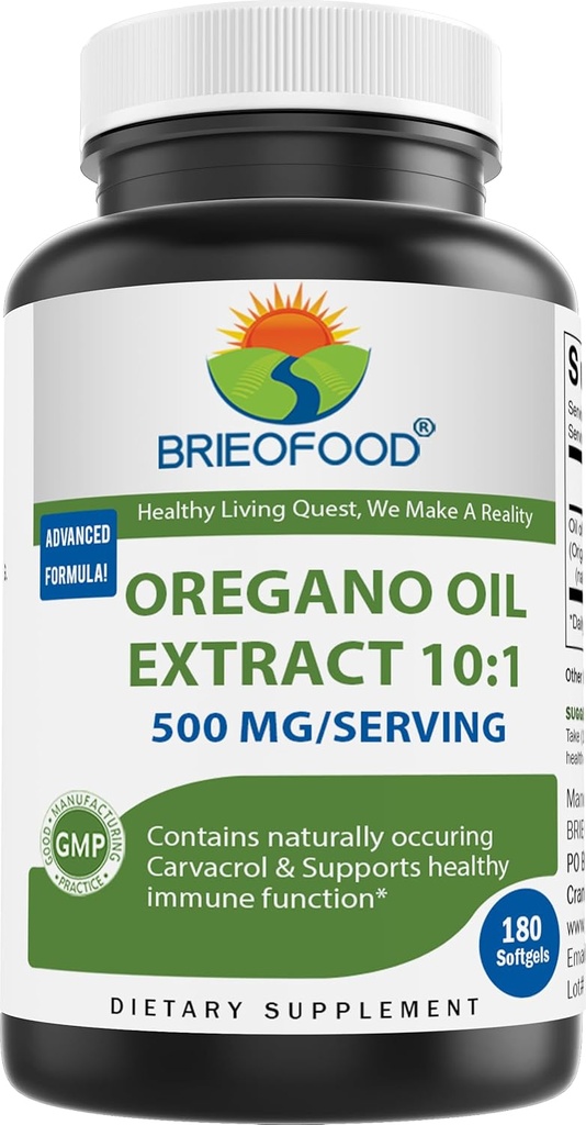 Brieofoodオレガノオイル10:1のエキス500 mg/サービング - 自然に摂取Carvacrol - 健康な免疫機能 - 180 Softgels