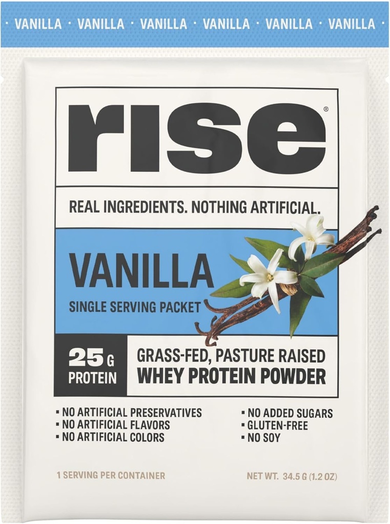 Rise Grass-Fed Whey Protein Powder - Vanilla | 25g Protein No Artificial Flavors, Colors, or Preservatives - Sugar Free, Gluten-Free, Soy Free (Single Serving, 1 Pack)