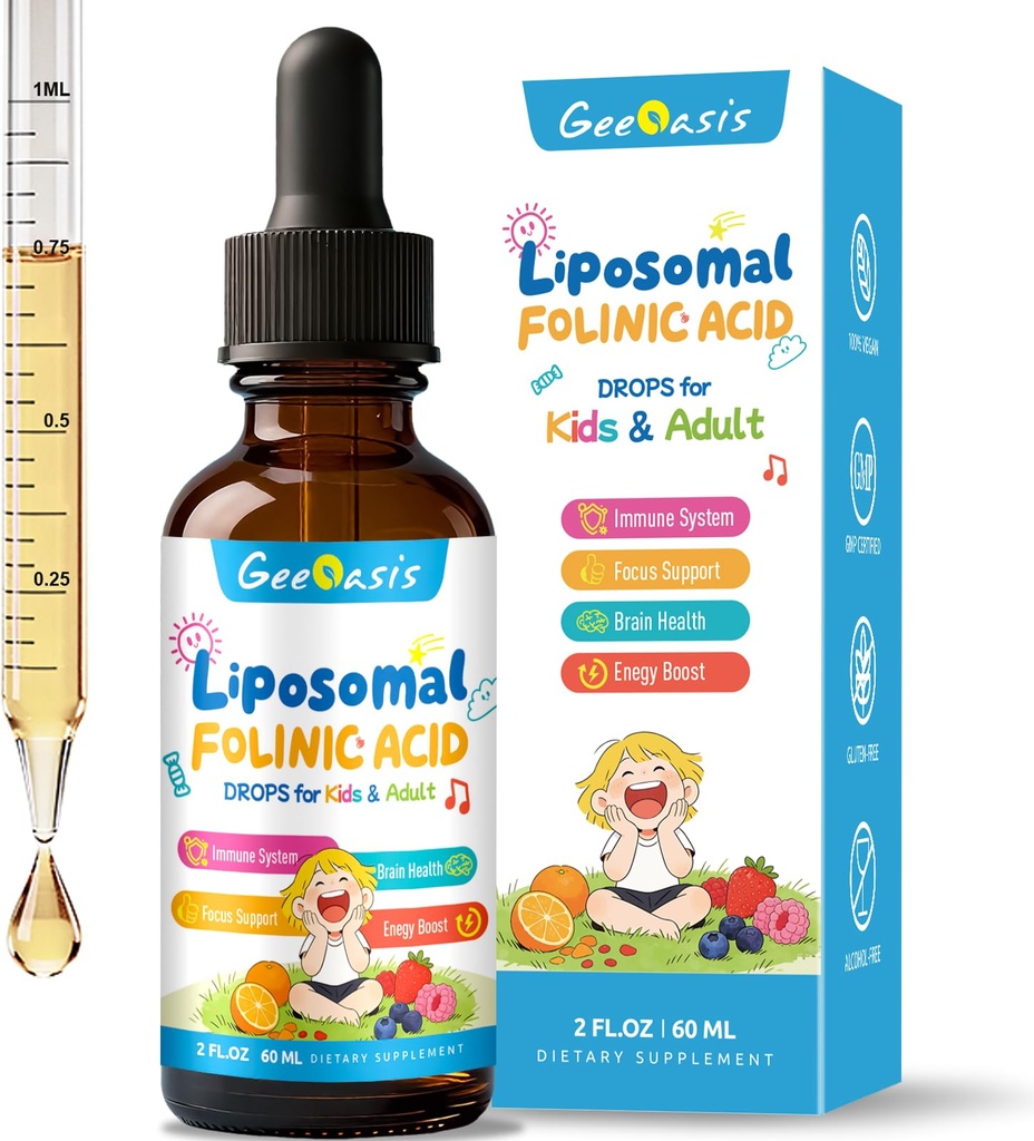 Liquid Folinic Acid & Methylfolate Drops for Kids, Folic Acid Supplement with Methylated B12 for Women, with Zinc Citrate, Vitamin B6 & C, Support for Brain, Focus & Cellular Health, MTHF, 2 Fl Oz