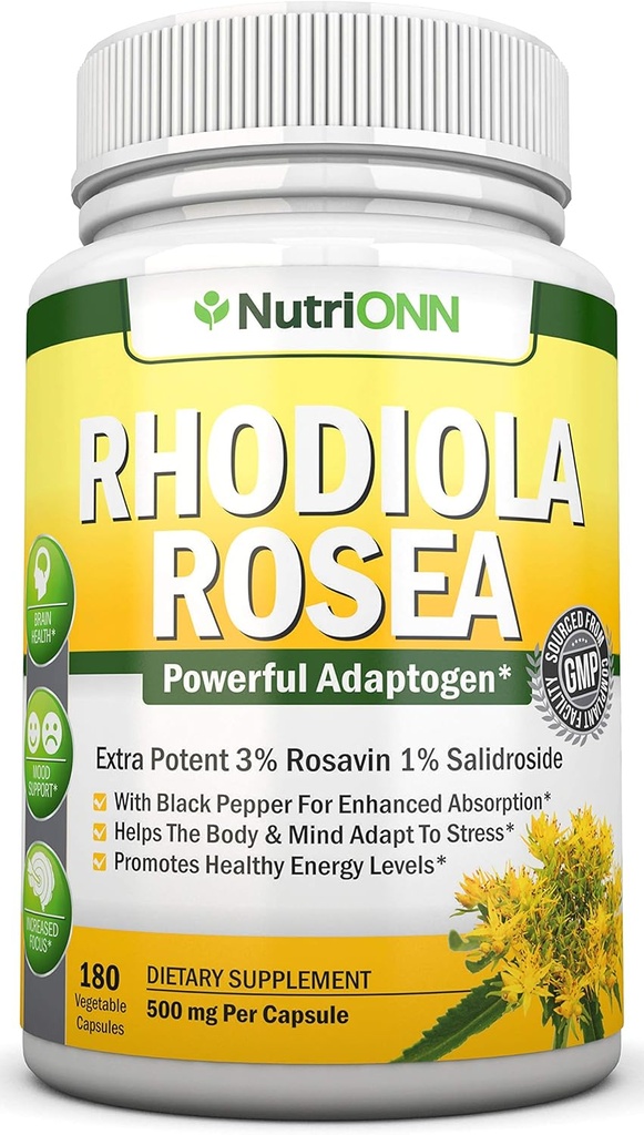 Rhodiola rosea - 500mg - 180 ビーガンカプセル - 3% Rosavin 1% Salidroside Extract - 非GMO - 強化吸収のためのブラックペッパー付き - 6 ヶ月の供給 - エネルギーとスタミナのためのサプリメント
