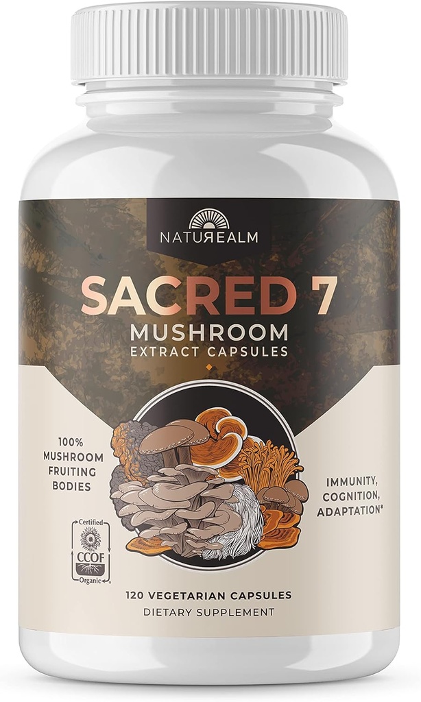 Naturealm Sacred 7 コーヒーのための有機マッシュルームパウダー - ライオンズ・マネ、Reishi、Chaga - USDA オーガニック・デイリー・ウェルネス・ブレンド(120 カウント)、Sacred 7