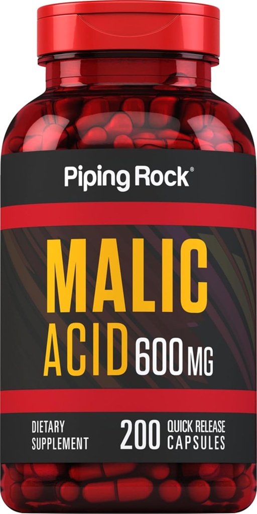 Piping Rock Malic Acid Capsules | 600mg | 200 Pills | Non-GMO, Gluten Free Supplement