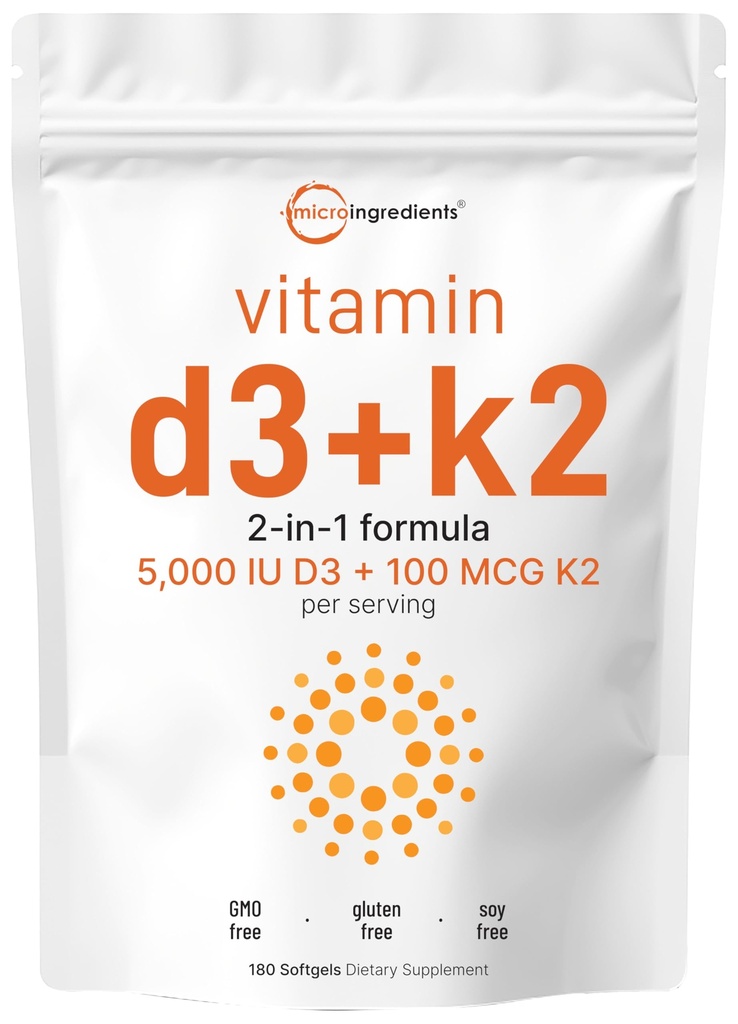 マイクロ成分 ビタミンD3 5,000 IU + K2 MK-7 100 mcg、180 Softgels | 2-in-1フォーミュラ | 飲みやすい、非GMO