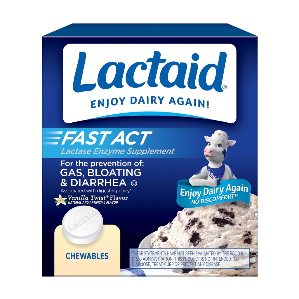 Lactaidの速い行為はLactoseの感受性、オン・ザ・ゴ、バニラのねじれの味、60 x 1のctのためにガス、膨らみ、Diarrheaを防ぐ自然なLactaseの酵素との許容の軽減のChewablesを遅らせます