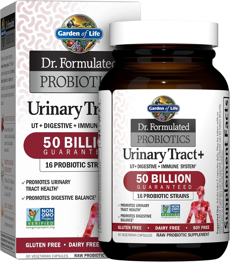Garden of Life Dr. Formulated Probiotics Urinary Tract+ - Acidophilus Probiotic with Pacran Cranberry for Urinary Tract Health, Digestive Balance - Gluten, Dairy and Soy Free - 60 Vegetarian Capsules