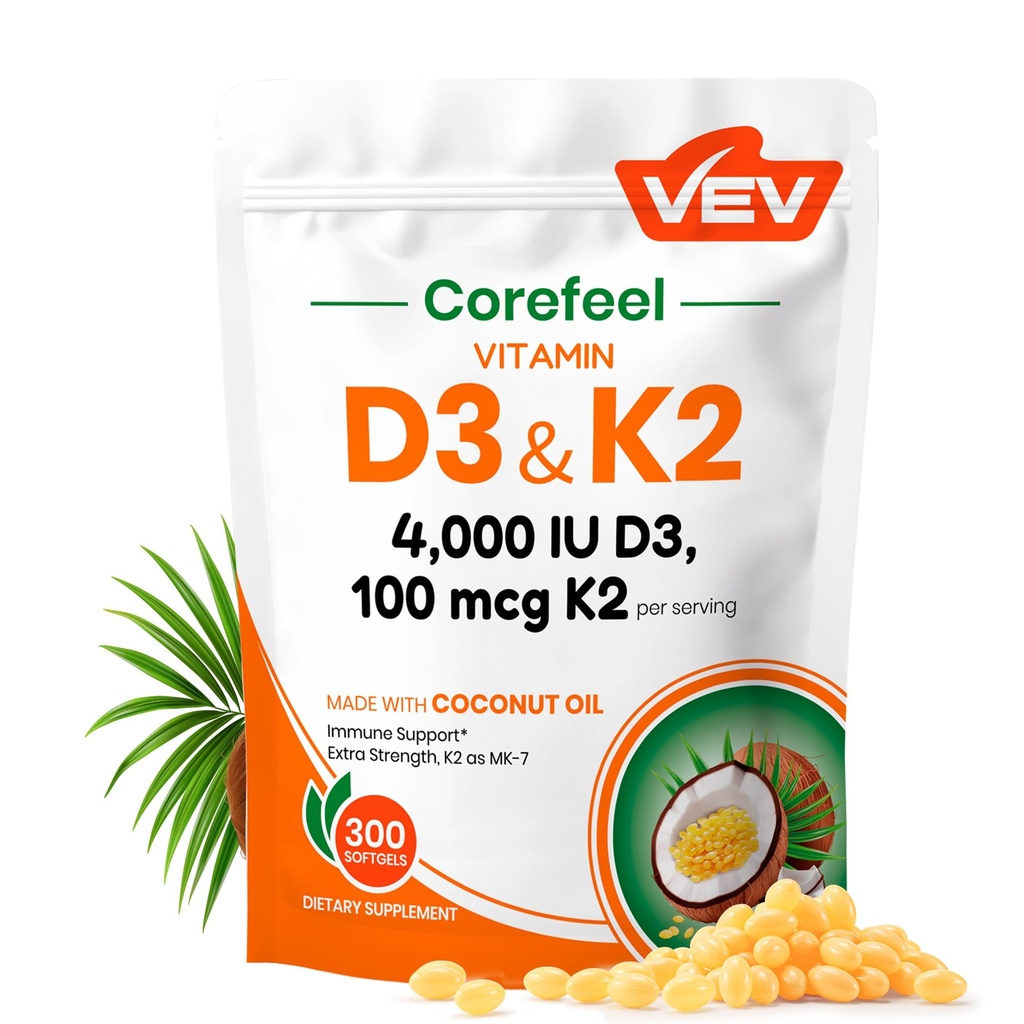 VEVのビタミンD3 K2 4,000 IUの100のmcg MK-7のココナッツ油が付いている300のSoftgels、Swallow K2 D3のビタミンの補足、毎日の栄養素 サポートへの容易な