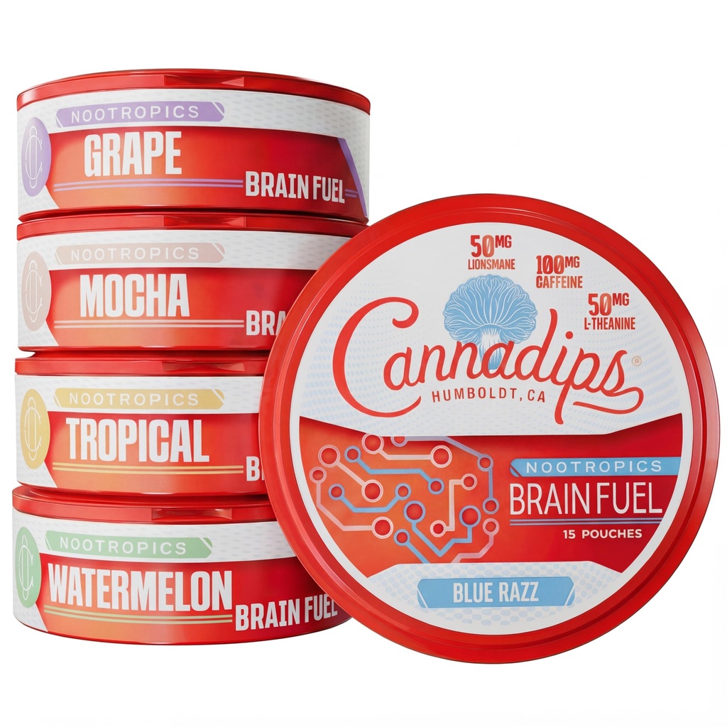 Cannadips - 脳燃料バラエティパック - 向知性カフェインポーチ - 50mgライオンのマネ、100mgカフェイン、50mg L-テアニン、砂糖 - 米国製認知性能のためのクリーンエネルギー脳燃料(5パック)