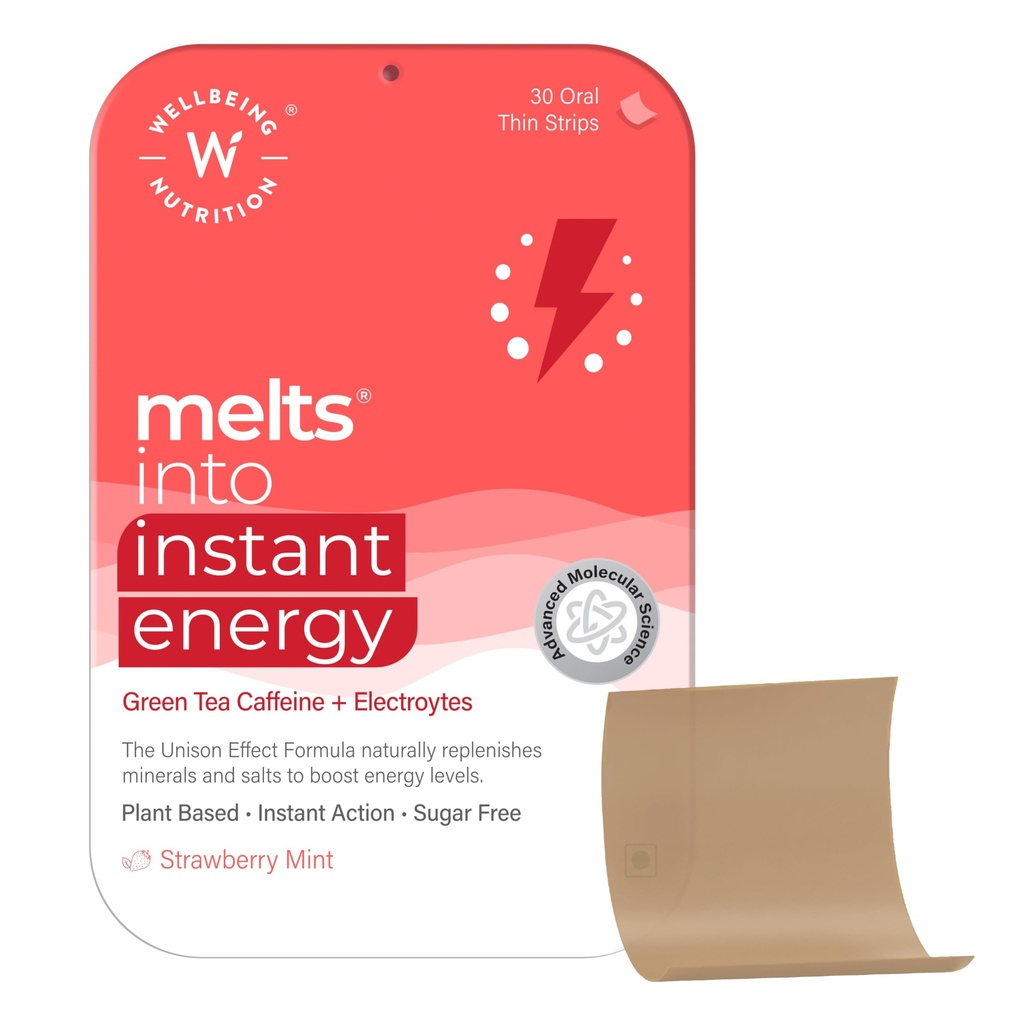 Wellbeing Nutrition Melts Instant Energy, 100% Plant Based Green Tea Caffeine, Essential Electrolytes and Vitamins for Endurance, Sports Hydration, Pre Workout Energy Boost, 30 Oral Strips