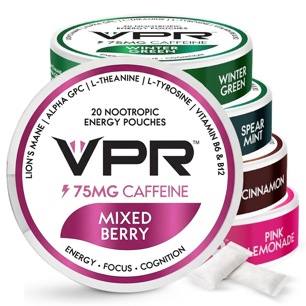 VPR 75mgカフェイン向知性ポーチ | ライオンのマネ、アルファGPC、ビタミンB6&B12、L-テアニン、L-チロシンと20カウントのエネルギーポーチ | 天然に風味のフォーカスポーチ | バラエティパック