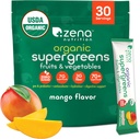 Zena Nutrition Organic Super Greens Powder, 70+ Superfoods, 0 Sugar, 3G Fiber, Spirulina, Chlorella, Antioxidants, Prebiotics/Probiotics, Digestive Enzymes, Mango, 30 Drink Mix Packets
