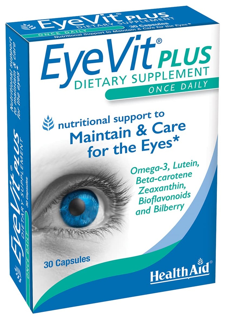 EyeVit Plus - ファーストデイリーアイヘルスサプリメント | 30カプセル | オメガ3、ルテイン、ベータカロテン、ゼアキサンチン、バイオフラボノイド、ビルベリーが含まれています