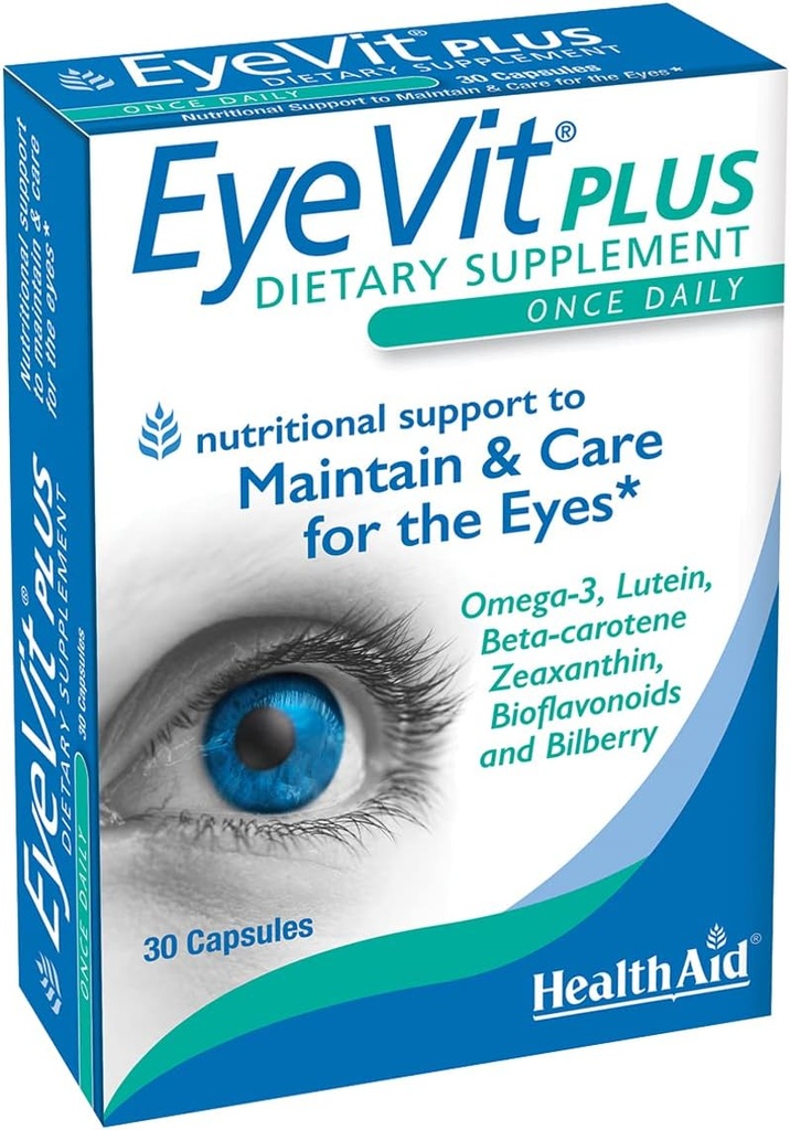 EyeVit Plus - ファーストデイリーアイヘルスサプリメント | 30カプセル | オメガ3、ルテイン、ベータカロテン、ゼアキサンチン、バイオフラボノイド、ビルベリーが含まれています