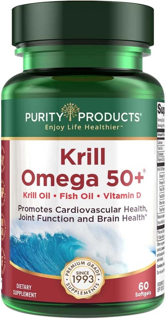 純度プロダクトKrill Omega 50 (Krill +の魚油のブレンド1000mg +アスタキサンチン500mcg + Phospholipids 200mg +ビタミンD 500 IU) - 60の小型Softgels