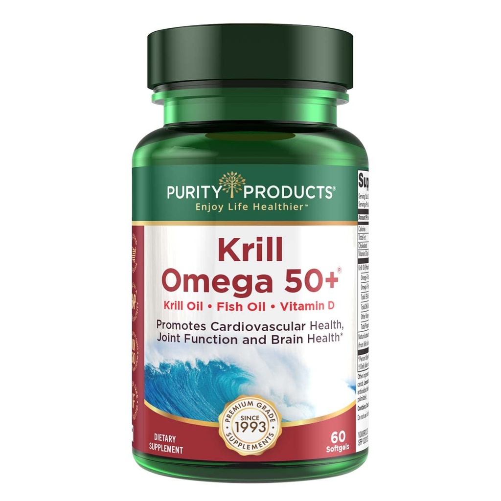 純度プロダクトKrill Omega 50 (Krill +の魚油のブレンド1000mg +アスタキサンチン500mcg + Phospholipids 200mg +ビタミンD 500 IU) - 60の小型Softgels