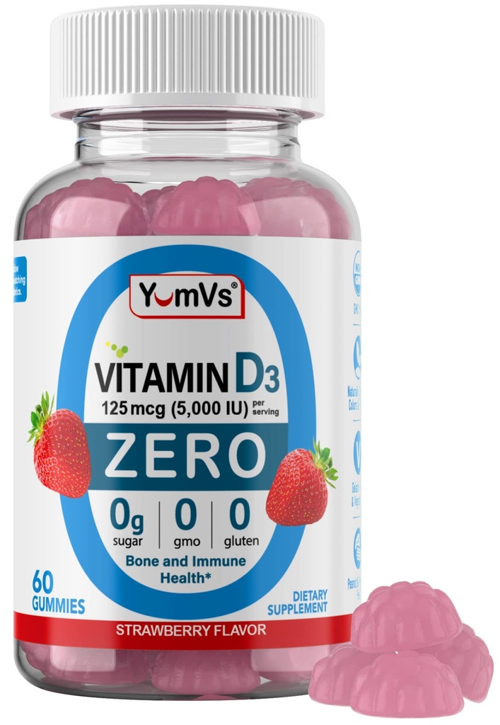 Yum-Vs - 大人のためのゼロ砂糖とビタミンD3グミー&キッズ(125 mcg - 60 カウント) - 砂糖無料ビタミンDグミー - 骨のサポートと免疫の健康のためのベジタリアンガミービタミン - Vit D3ビタミンChewable