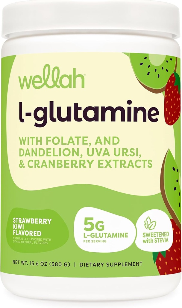 Wellah L-Glutamine Powder Strawberry Kiwi (50 Servings) - 5g L-Glutamine Per Serving, Sweetened with Stevia