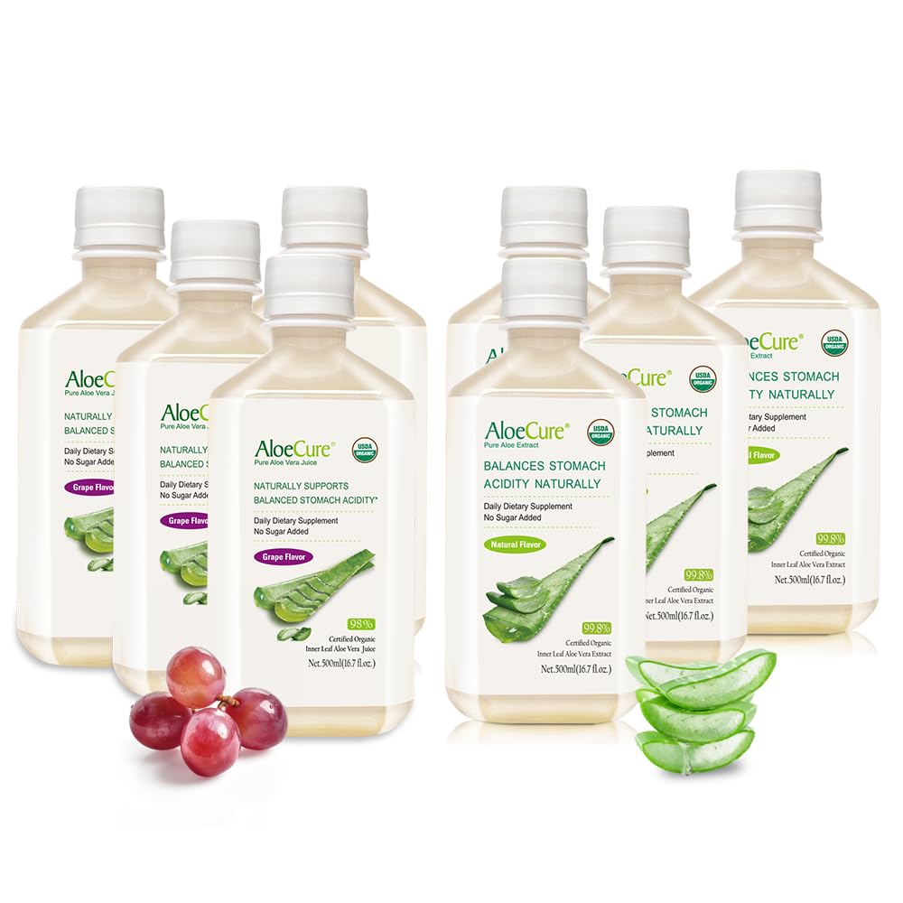 AloeCureオーガニックアロエベラジュース - 8ボトルサンプルパック - グレープとナチュラルフレーバー、8x500ml